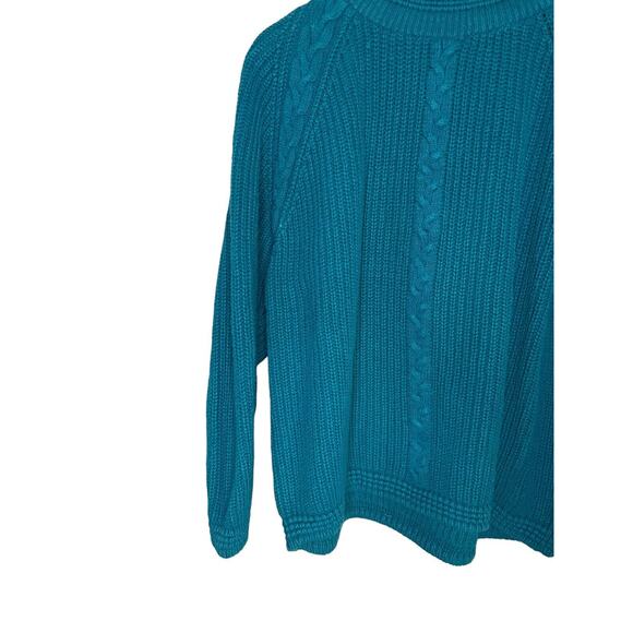 VTG Teal Fisherman's Sweater Joan Harper Cotton Mock Turtleneck Cable Knit Warm - Picture 5 of 7